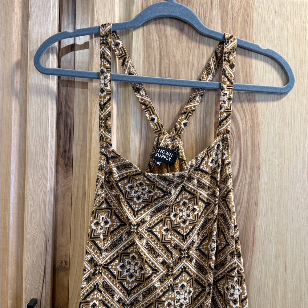 Known Supply Brown Cream Organic Cotton Geometric Print Boho Aztec Jumpsuit Sz M - Picture 5 of 16